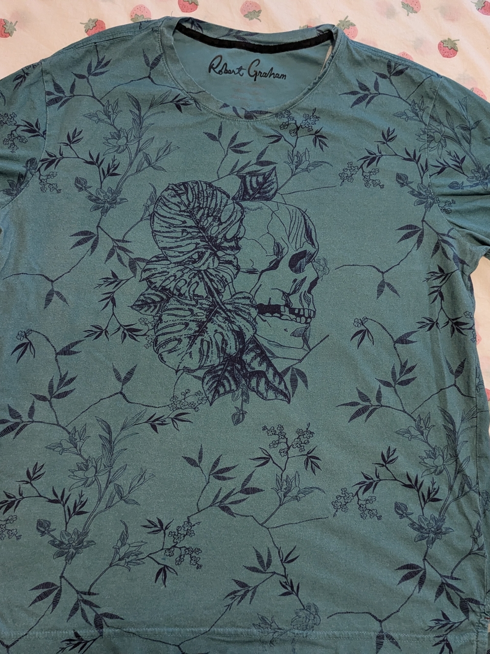Robert Graham Men's Teal Skull Floral Graphic Crewneck Shirt